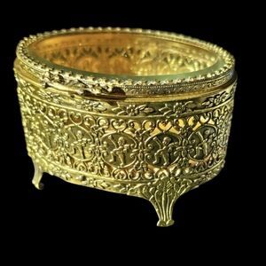 Vintage Ormolu Filigree Cherub Jewelry Box